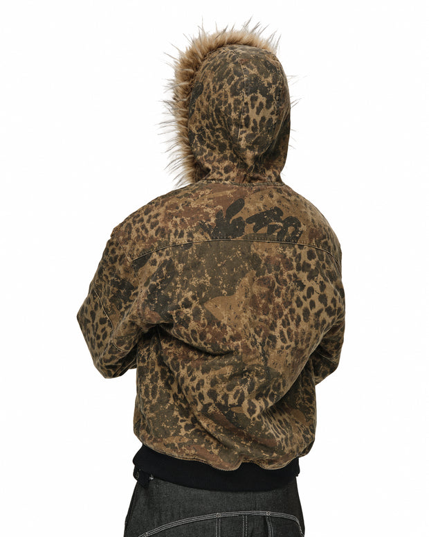 Leopard Camo Vintage Faux-Fur Bomber Jacket