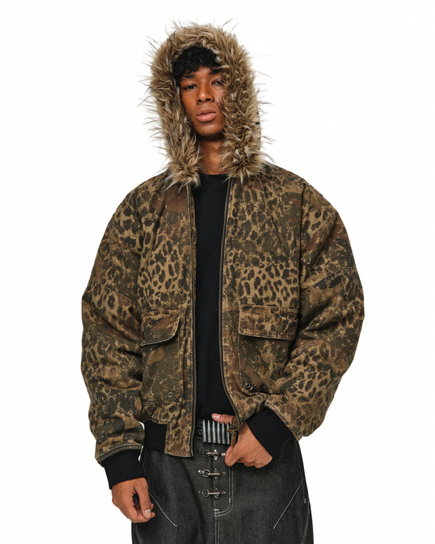 Leopard Camo Vintage Faux-Fur Bomber Jacket