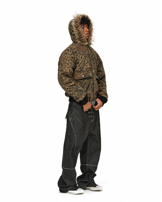 Leopard Camo Vintage Faux-Fur Bomber Jacket