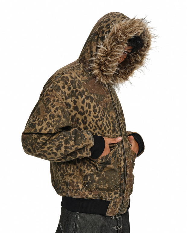 Leopard Camo Vintage Faux-Fur Bomber Jacket