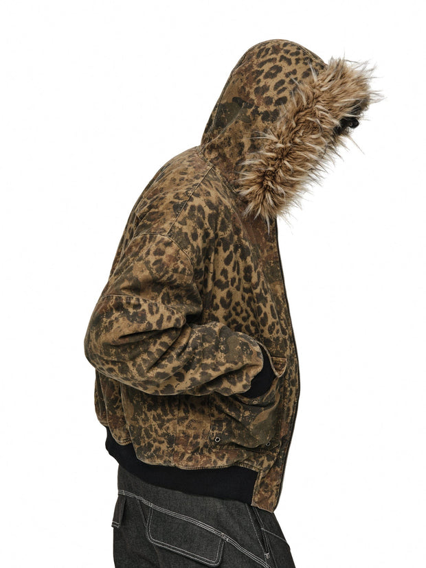 Leopard Camo Vintage Faux-Fur Bomber Jacket