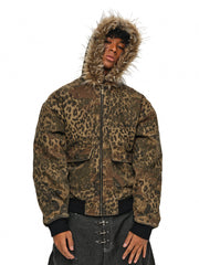 Leopard Camo Vintage Faux-Fur Bomber Jacket